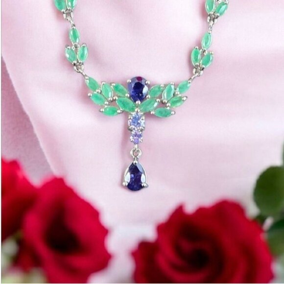 925 Sterling Silver Necklace 18" with Natural Sapphire, Emerald & Tanzanite Gems - Picture 4 of 9